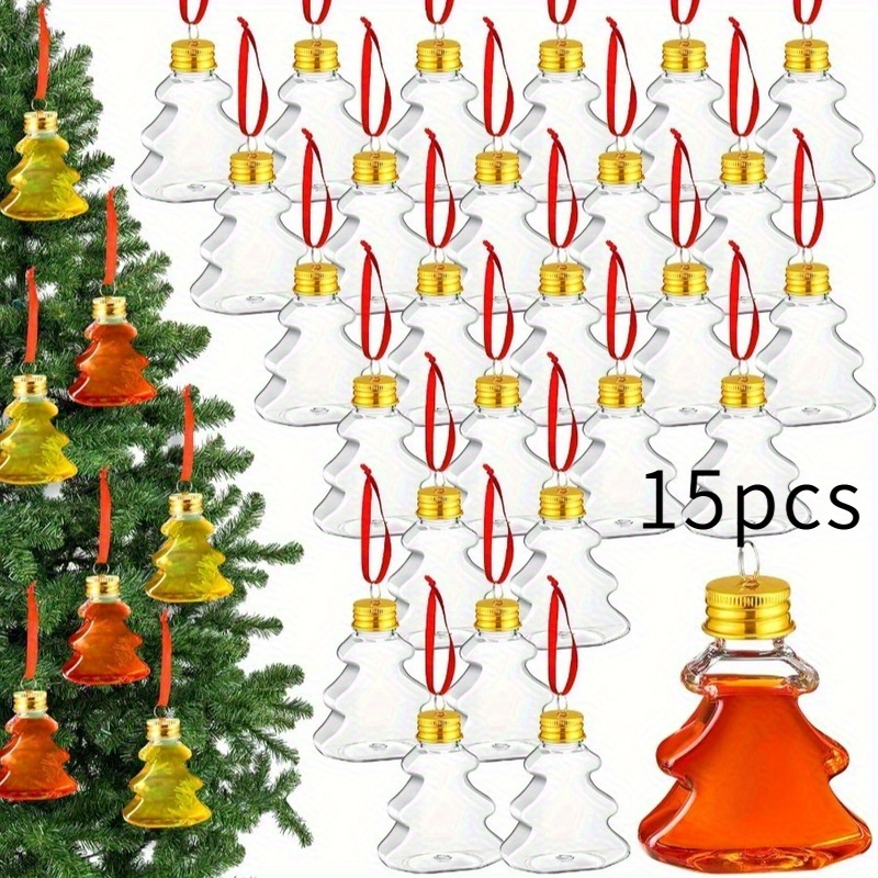 Image of 15pcs Fillable Plastic Christmas Ornament Bottles - Clear Reusable Bottles With Red Ribbon Hangers,for , Party & Indoor/outdoor Decorations - Durable & Design