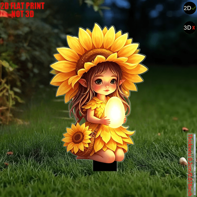 TEMU 2d Flat, [2d Flat] 1pc 2d Flat Printing Charming Sunflower Garden Stake - Cute Glowing Forest With Light-up Egg Design, Bohemian Style Acrylic