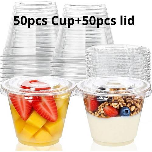 her biri 9oz olan 100 adet şeffaf plastik tatlı kabı seti, deliksiz kapaklarıyla birlikte, dondurma, pasta, atıştırmalıklar, meyve, soğuk i̇çecekler, smoothie, puding ve salatalar i̇çin uygun
