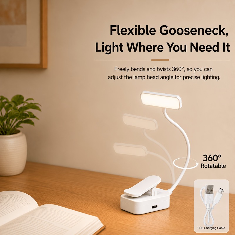 TEMU 1pc Clip per Libri con Luce di , Lampada da Libro Ricaricabile con Rotazione a 360簞 e Flessibilit�, di a 3 Livelli Regolabile, Ricarica USB con