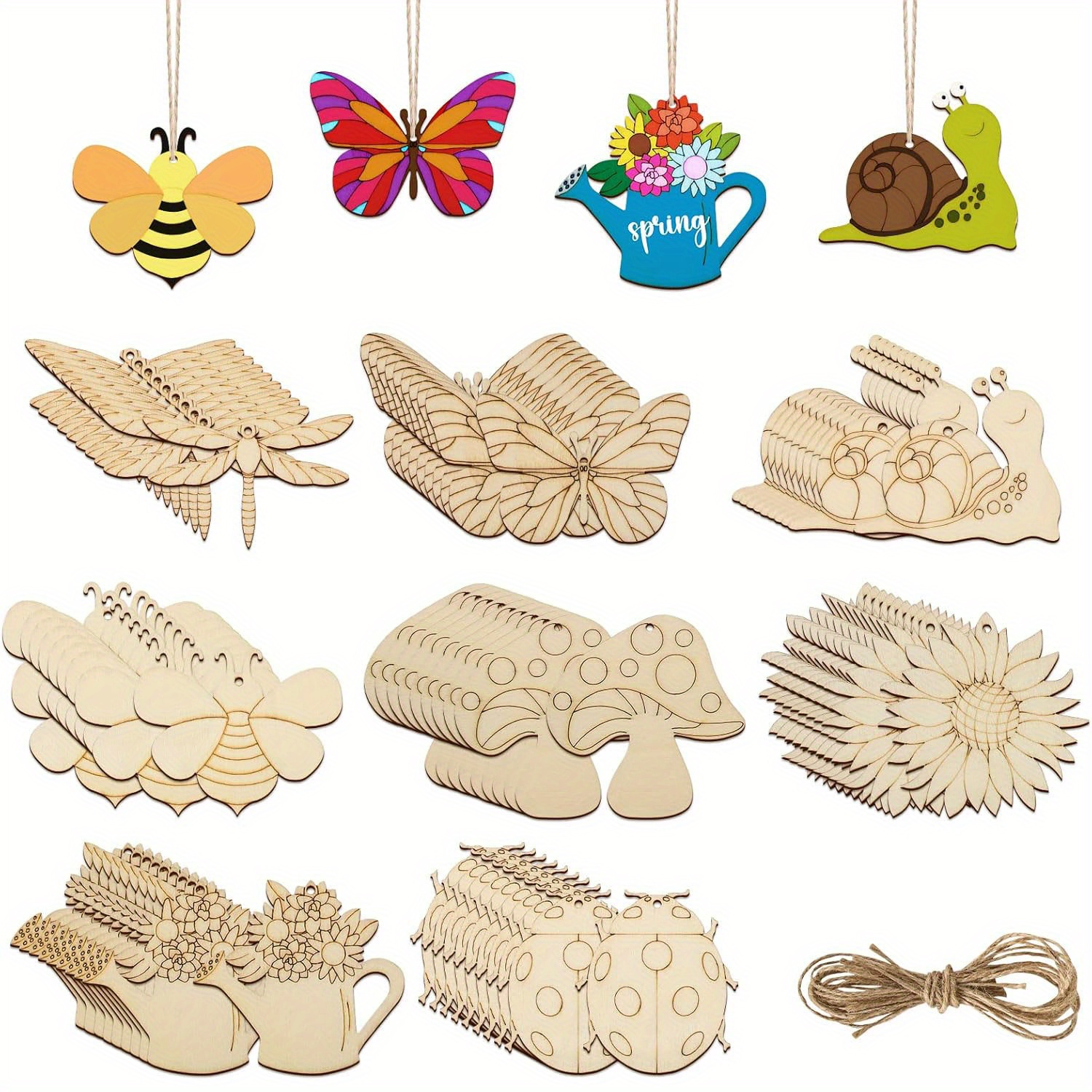 

40pcs Spring-themed Wooden Ornaments Kit - Paint-your-own Blank Cutouts Including Butterflies, Flowers, Snails & More For Decor And Crafts