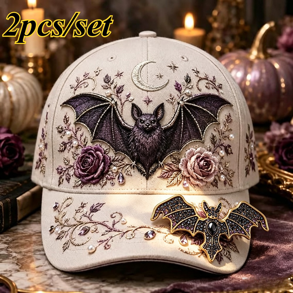 TEMU 2pcs Set: Halloween Gothic Unisex Baseball With Bat Brooch, Black Cat Pumpkin Floral Decor Adjustable Curved Brim Fall Outdoor Sun Hat