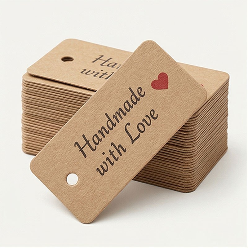 TEMU 100 Stück Kraftpapier-Anhänger mit Schnüren, handgefertigt mit Liebe, Hängeetiketten, Bekleidungsetiketten für Süßigkeiten/Geschenke/Kekse,