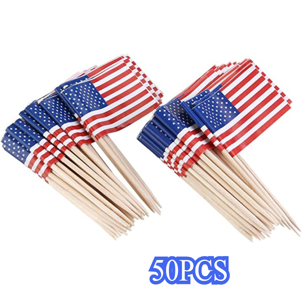 Pack Of 50 Miniature American Flag Toothpicks, Elongated Bamboo Decorative Picks Suitable For Appetizers, Featuring American Flag Designs, Ideal For And Desserts, Perfect For July 4th Celebrations
