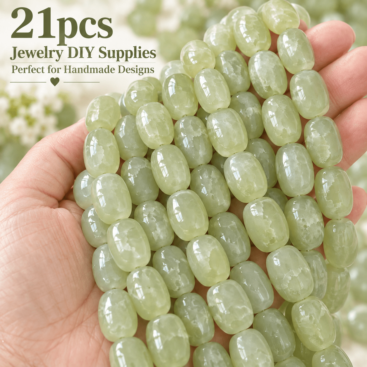 TEMU 21pcs Ice Crack Light Green Agate Beads With Holes, 10x14mm Loose Decorative Beads, Handmade Design Diy Materials, Decorative Supplies, Suitable