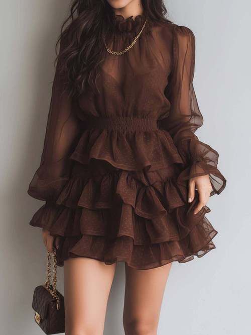 womens vintage stand collar maxi dress suitable for date nights casual outfits multi layer ruffle hem long sleeve dress with small collar spring summer blouse dress for wedding guest outfits hand washable