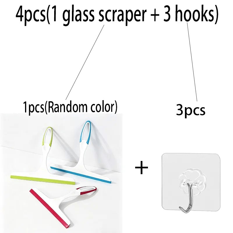 TEMU 4pcs (1pc Glass Wiper And 3pcs Hooks) Bathroom Squeegee, Household Cleaning Squeegee, Window Squeegee, Handheld Glass Squeegee, Water Removal