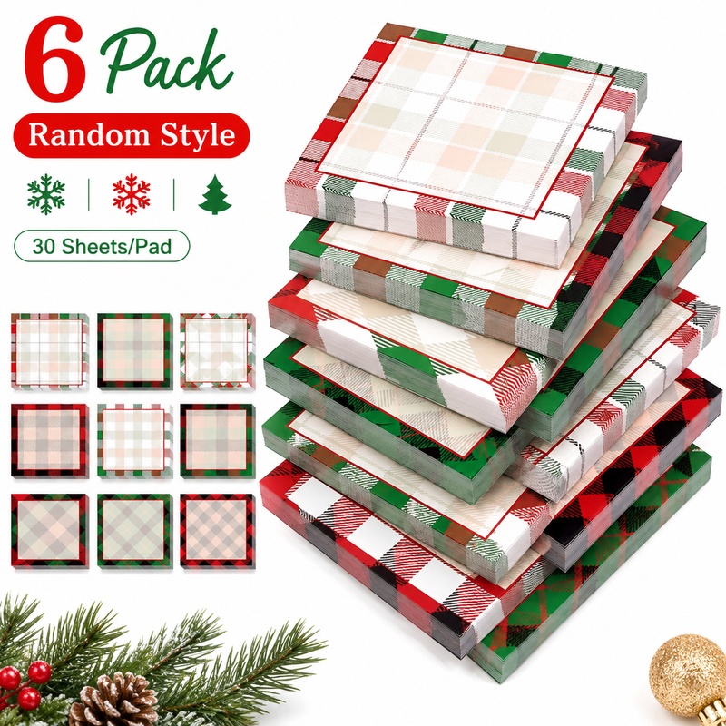 TEMU 6-pack/christmas Plaid Sticky Notes, Self-adhesive Notebooks, Christmas Plaid Sticky Notes, Suitable For Christmas, School Office Home Supplies,