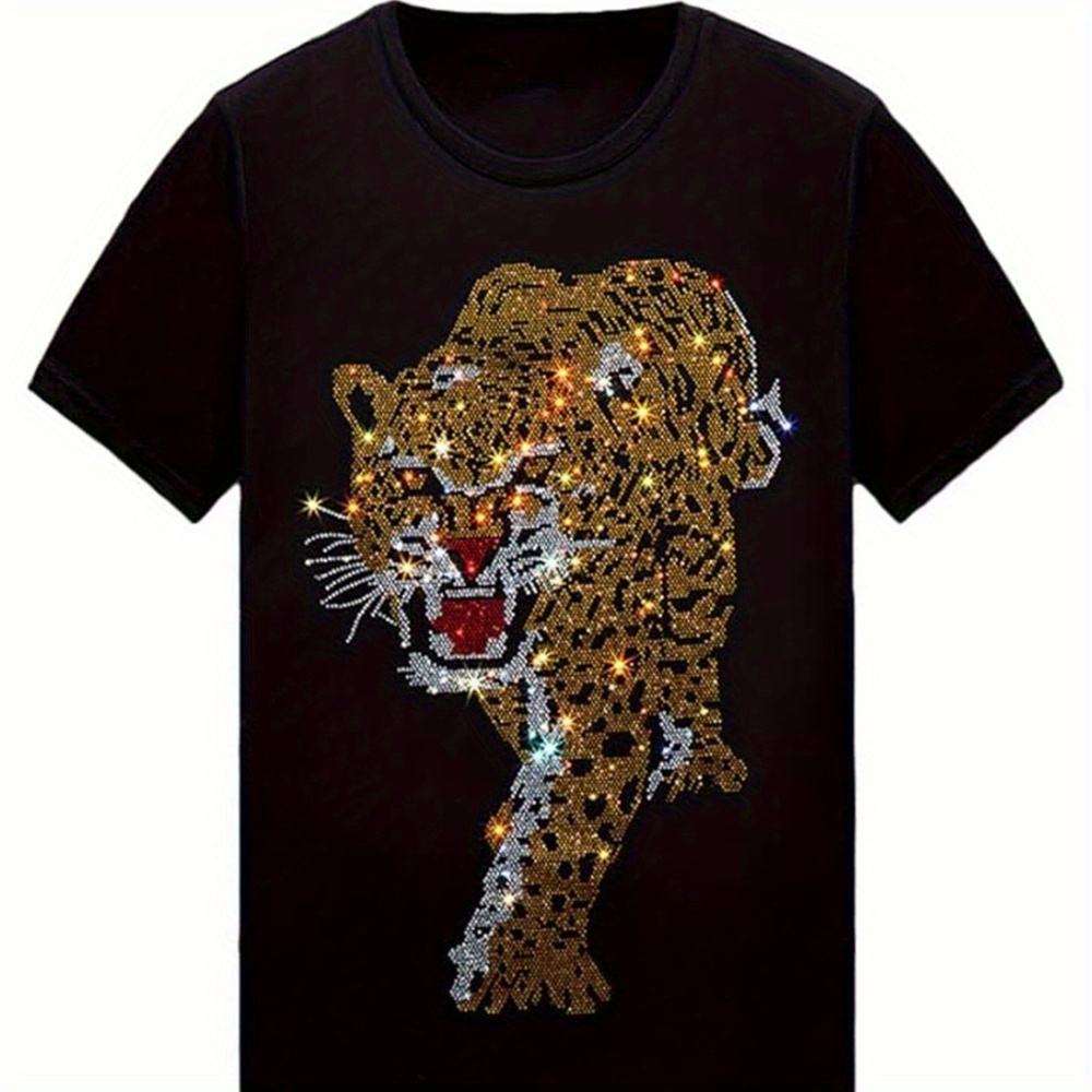 

1pc Men's Summer Casual Crew Neck T-shirt With Sequin Tiger Print, 100% Cotton Short-sleeve Tee With Slight Stretch, Knit Fabric - Ideal Gift For Men