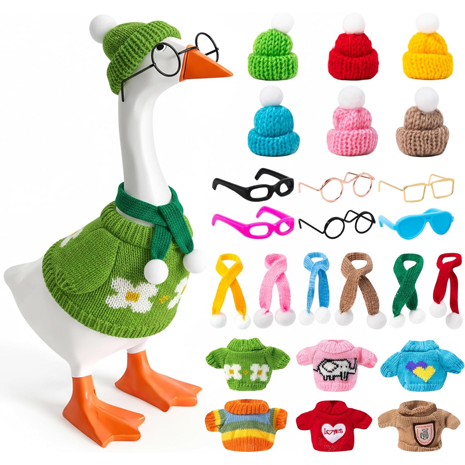 TEMU 24pcs Desk Goose Set, Including 7-inch Mini Goose Knitted Clothing, Hat, Sweater, Glasses, Scarf, Small Desk Duck Accessory, And Porch Goose