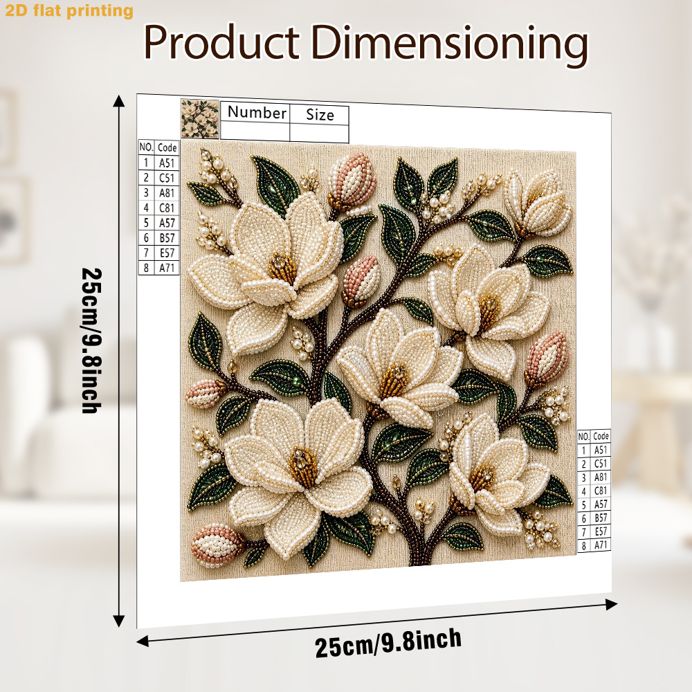 TEMU Nuovo Kit Pittura con Perle Fai da Te con Stampa Piatta 2D - Motivo Fiori di Magnolia , Perle Tonde, Scintillanti, Trasparenti, Set Completo di
