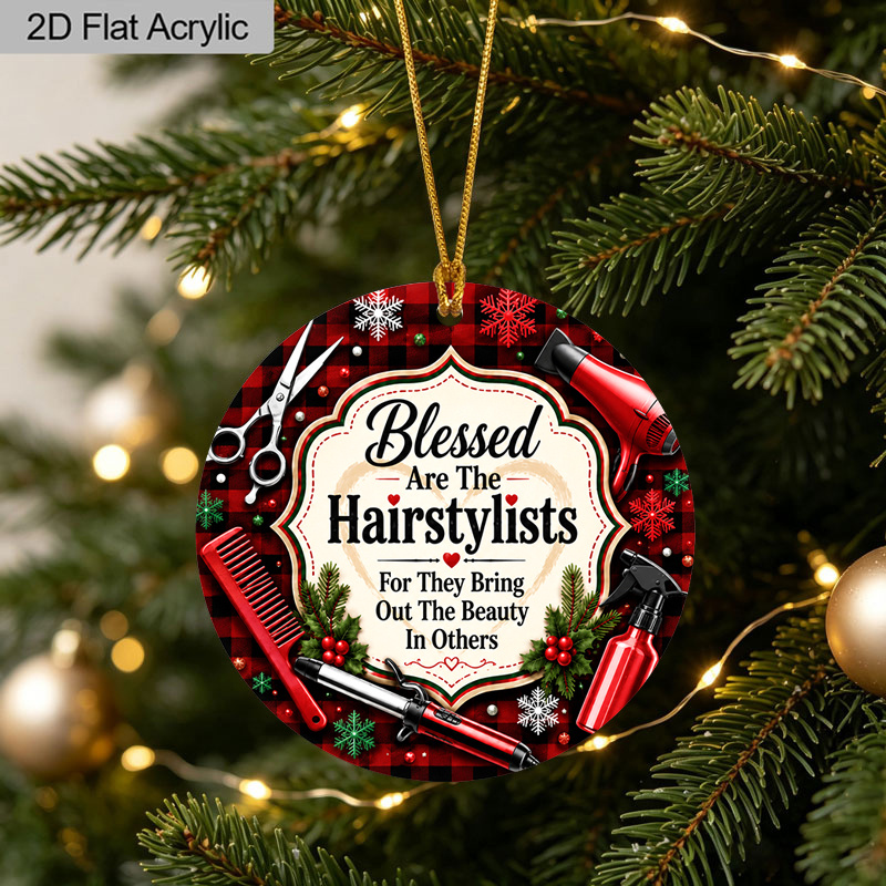 TEMU 2d Flat, 1pc Hairdresser Inspirational Quote Christmas Ornament, Buffalo Check Pattern Hairdresser Christmas Acrylic Decoration, With Hair Dryer