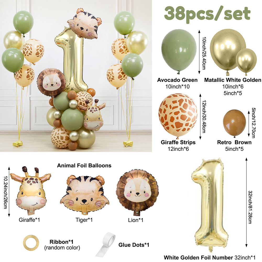 TEMU 38pcs Animal & Number Foil Balloon Collection, Lion Giraffe Tiger, 32inch Number White Balloon, Latex Balloon Random Color Ribbon For Birthday