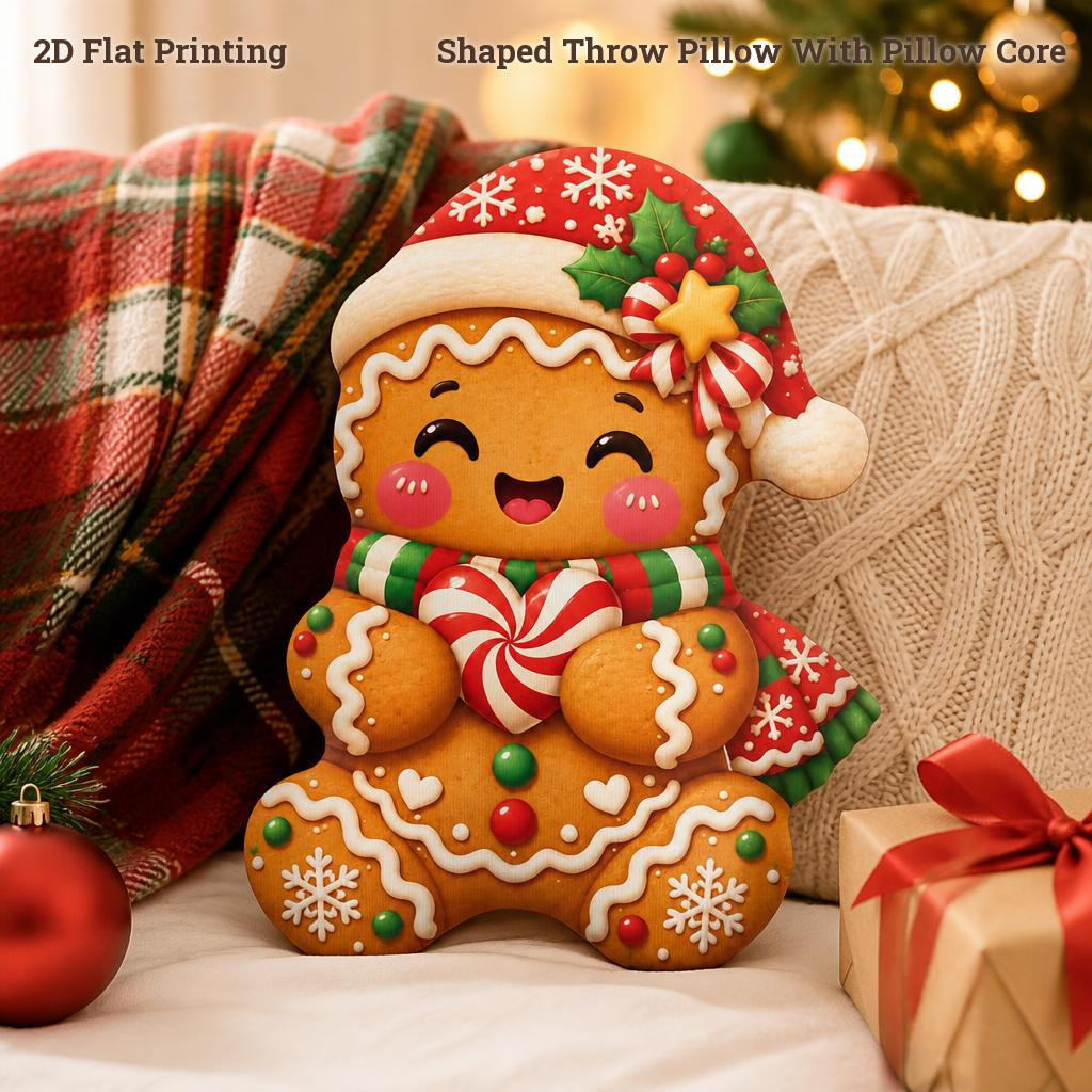 TEMU Coussin décoratif de Père Noël Pain d'épices avec cure-dents, cadeau de Noël, impression plate 2D, oreiller rembourré pour chambre à coucher,