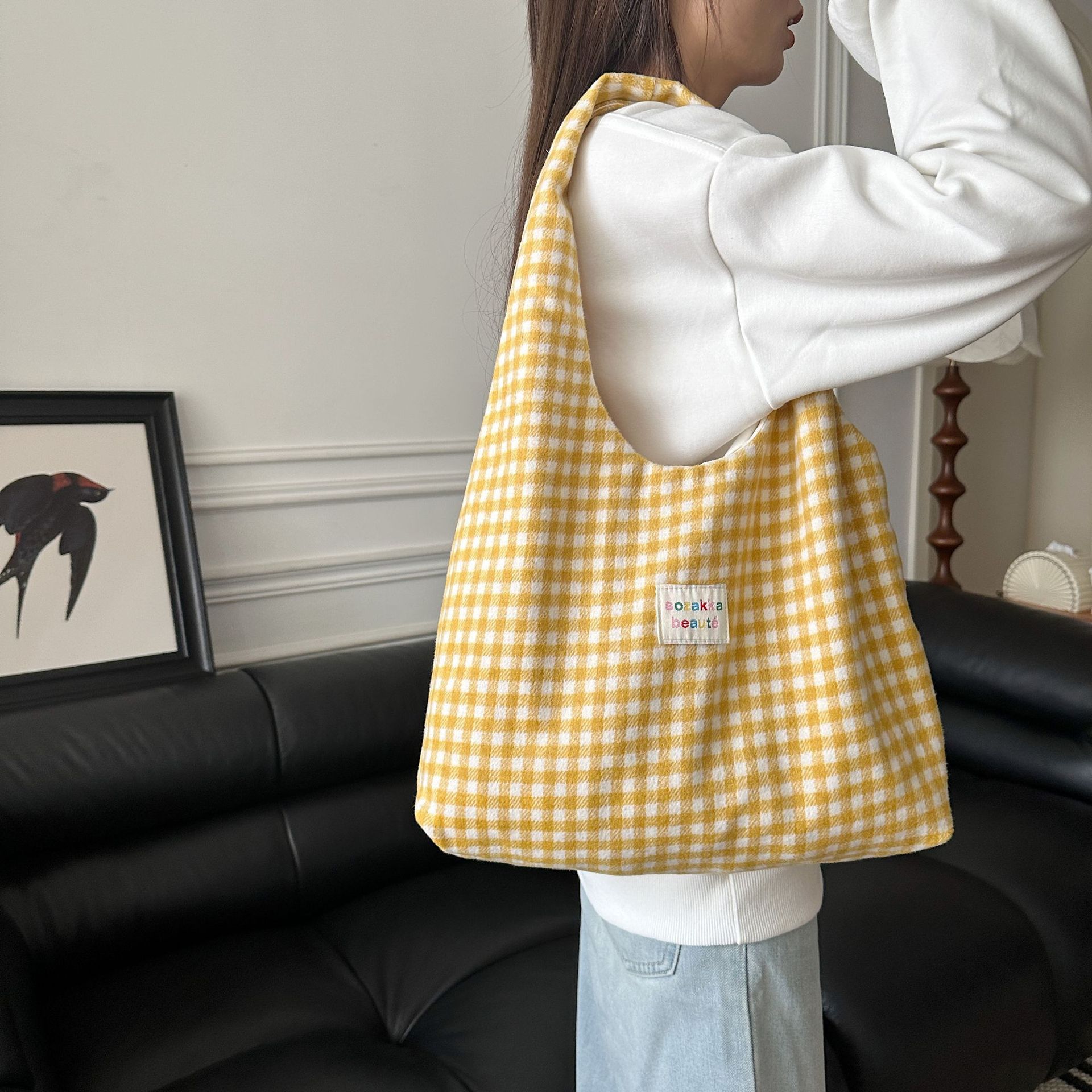 Pink Gingham Hobo Tote Bag Large Capacity Casual Shoulder Purse_voghion.com
