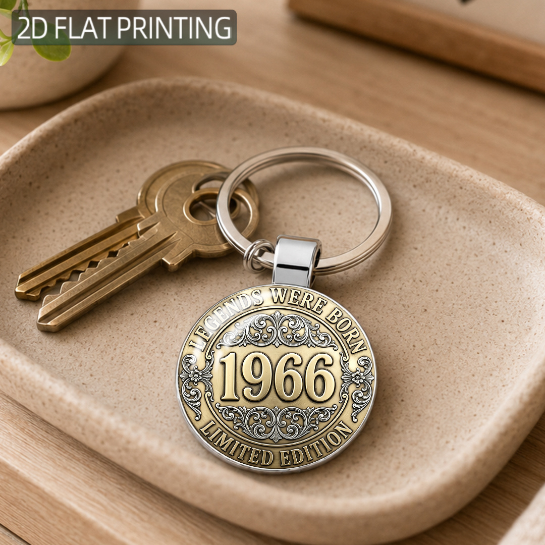 TEMU Born 1966 Keychain, Made Of High Quality Alloy With Convex Round . Features Vintage Silvery , Ornate Scrollwork, Year Numbers And Edition