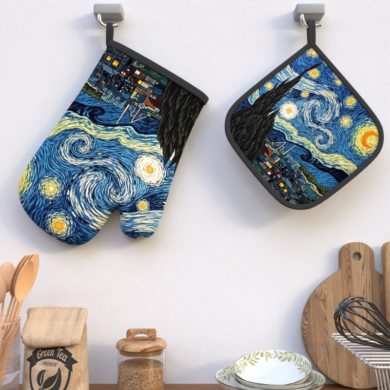 

2pcs Starry Night Oven Mitts, Woven Polyester Potholders, Heat-resistant, Machine Washable, With Artistic Kitchen Decor, For Grilling, Cooking, Baking, Broiling, Microwaving