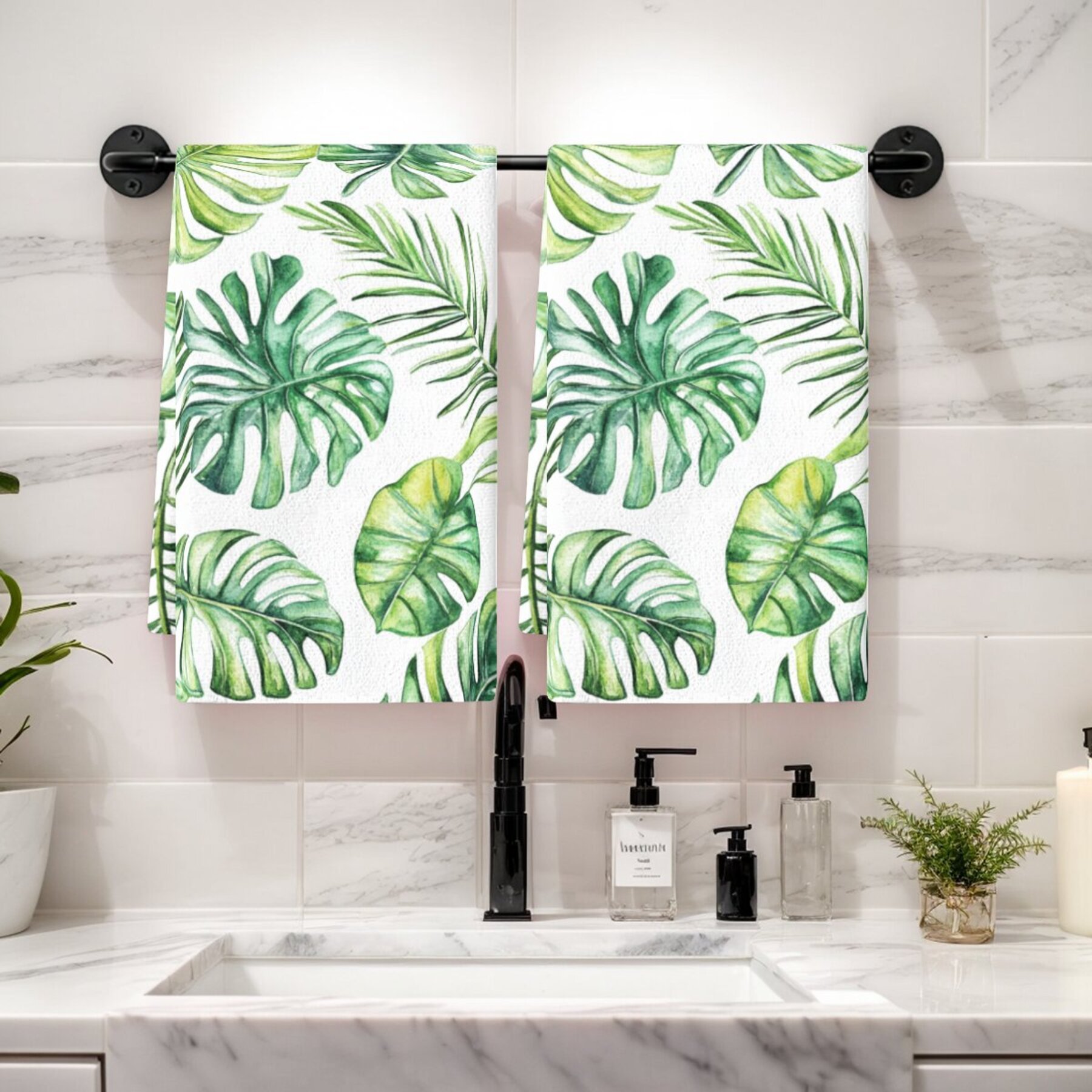 2pcs cleaning cloths, dish towels featuring tropical plants, palm leaves, and monstera patterns, suitable for kitchen decor, holiday decorations, table settings, kitchen supplies, home decor, and as gifts for   or bathrooms. details 2