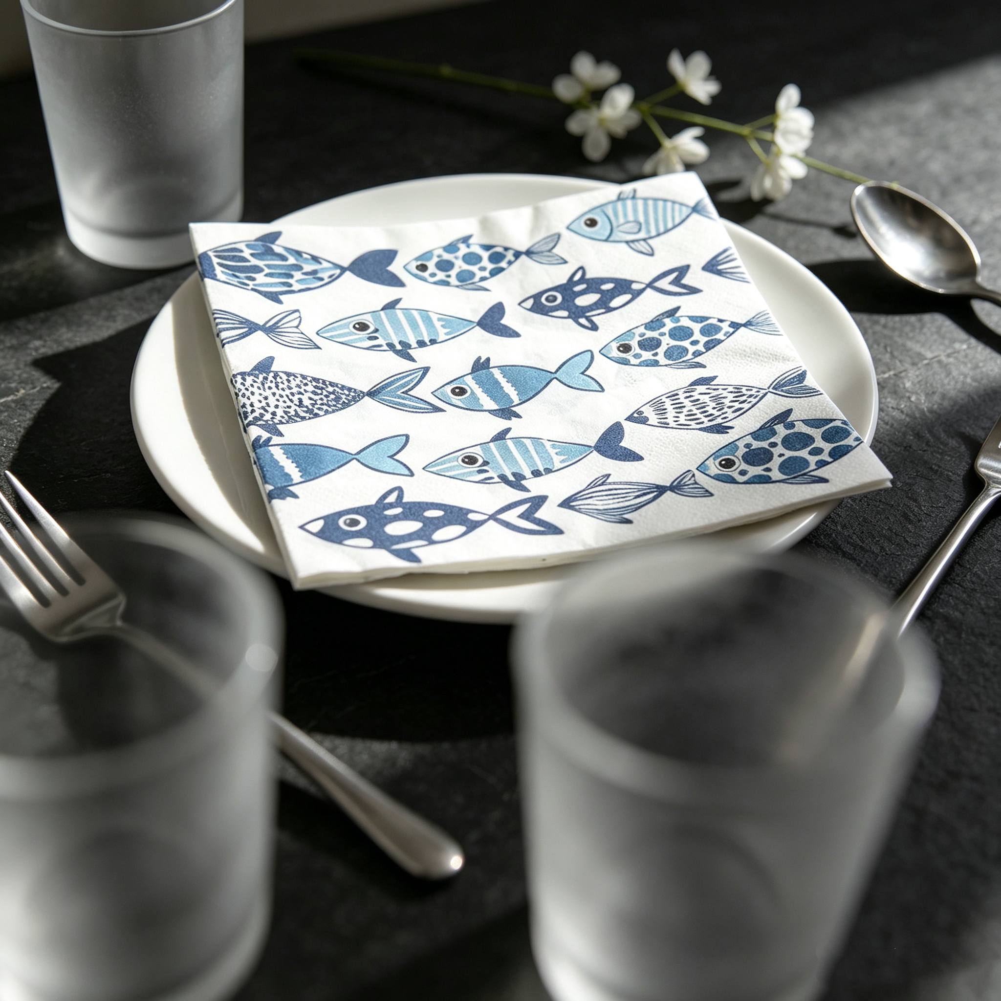 TEMU 10pcs/times Paper Napkins, Blue Cartoon Fish Pattern Decorative Napkins, Cute Hand-drawn Blue Small Fish Napkins, Birthday And Underwater Party
