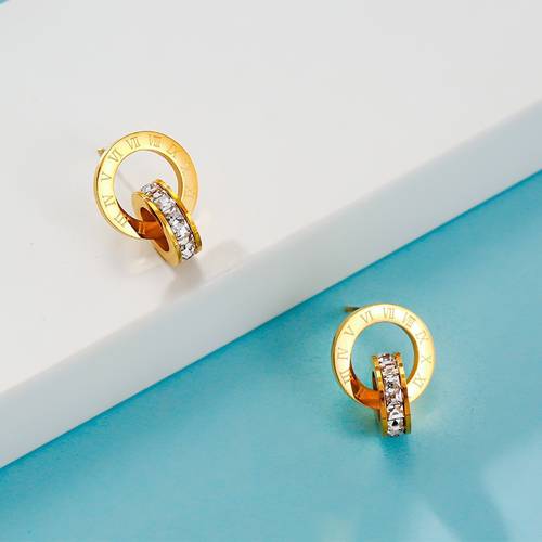 elegant pair of rose golden double hoop earrings with roman and sparkling cubic zirconia bohemian plated steel parties and gifts