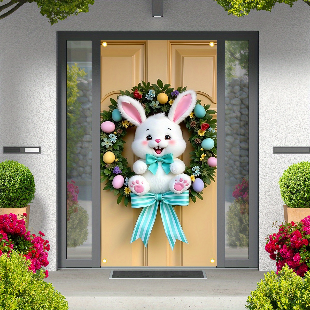 

2d Door Banner 1pc Dienalls Polyester Bunny Wreath Door Cover Banner - Universal Seasonal Hanging Sign For Indoor/outdoor, Decoration For Garden & Events