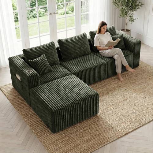 sectional sofa modern corduroy memory foam couch with cup holders upholstered boneless deep seat fluffy 3 seater sofa with ottoman no assembly needed grey