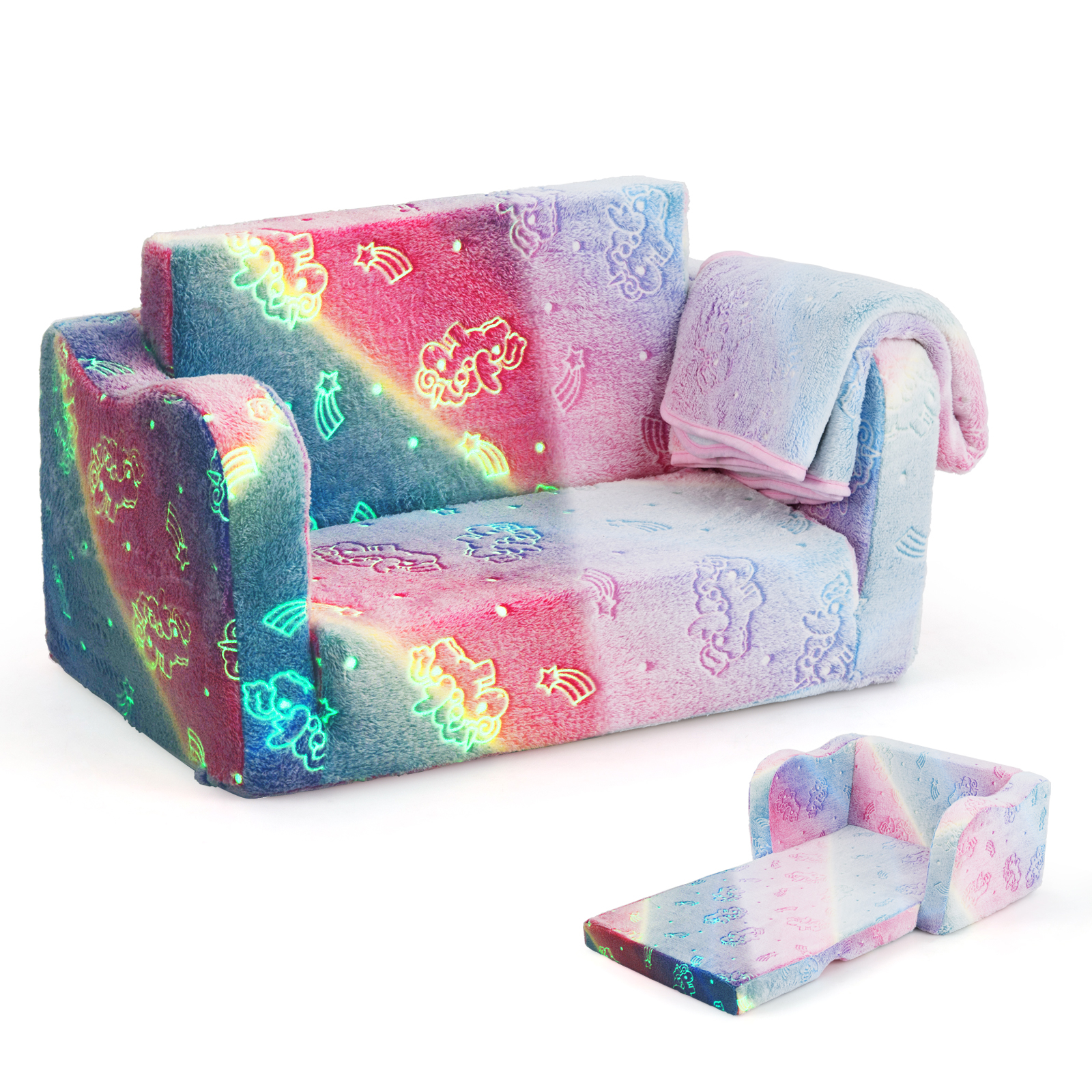 Image of 2-in-1 Folding Kids Sofa & Recliner Chair With Blanket - Flip-out Bed Suitable For &, Cushioned Modern Convertible Couch, Machine Washable For Small Spaces, Furniture For Above 3 Years