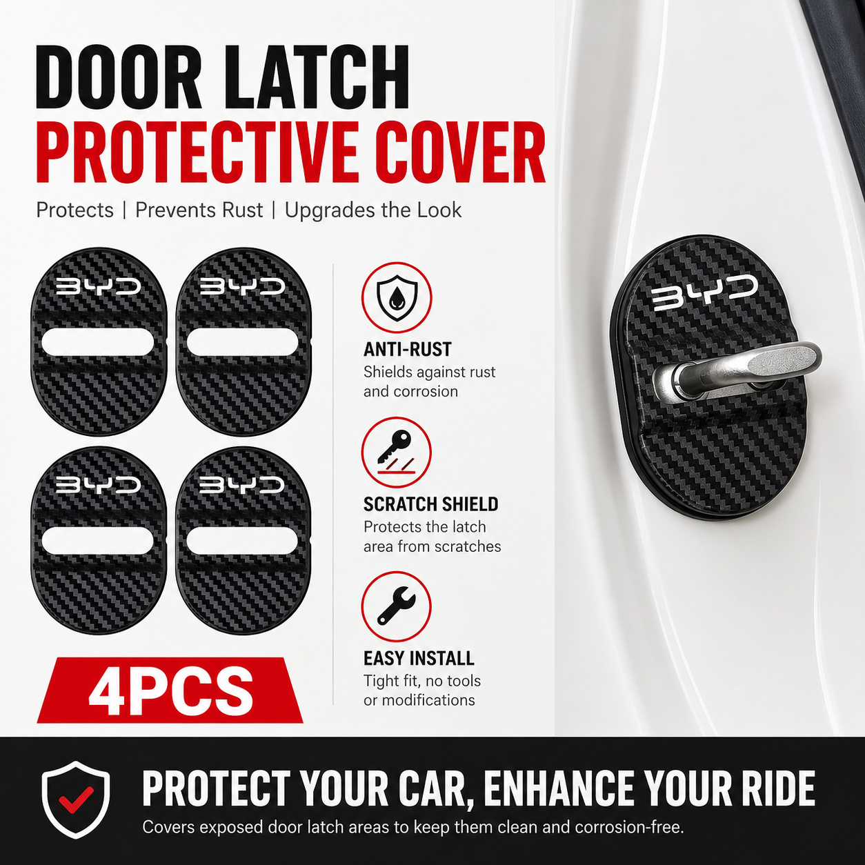 TEMU 4pcs Carbon Fiber Car Door Lock Protective Cover, Suitable For Byd, Rust-proof, Shock-absorbing, And Noise-reducing
