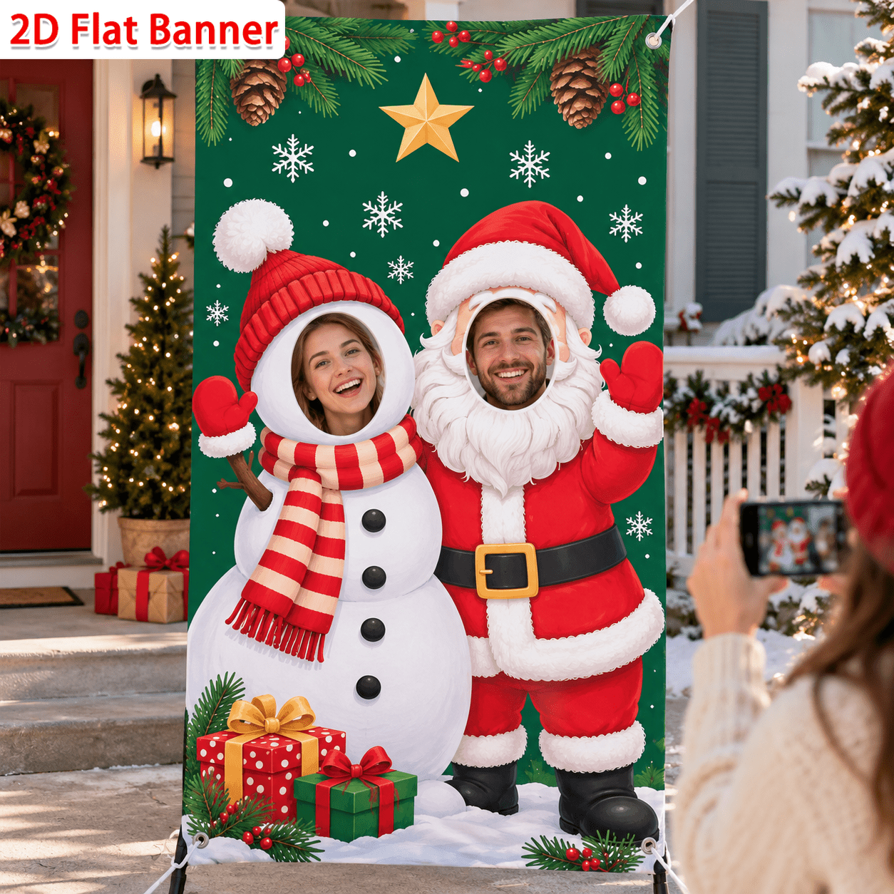 TEMU Bannière de 2D Plate, 1 pièce, Trou pour avec Toile de Fond Père Noël et de Neige - Œillets Perforés pour Suspension, Convient pour Fêtes de