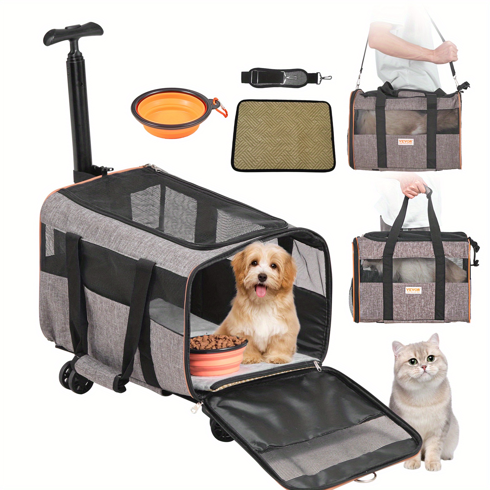 

Vevor Cat Carrier With Wheels, Airline Approved Carrier With Telescopic Handle And Shoulder Strap, Dog Carrier With Wheels For Pets Under 22 Lbs, With 1 Folding Bowl, Grey