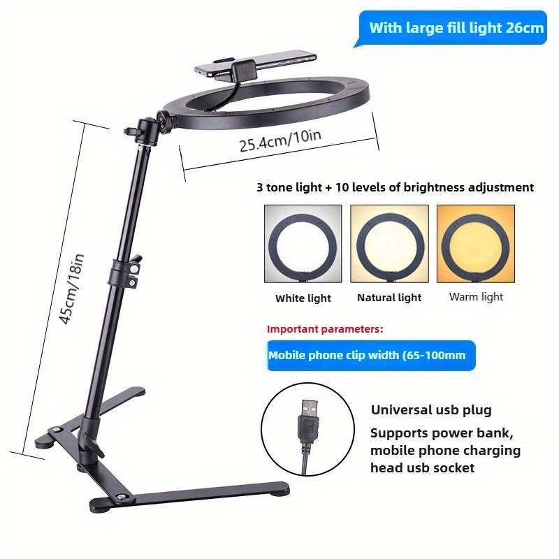 TEMU 3 Color Dimmable Ring Light Overhead Phone Holder, Multi-angle Adjustable Tripod Recording Equipment For Jewelry Package Document Shooting