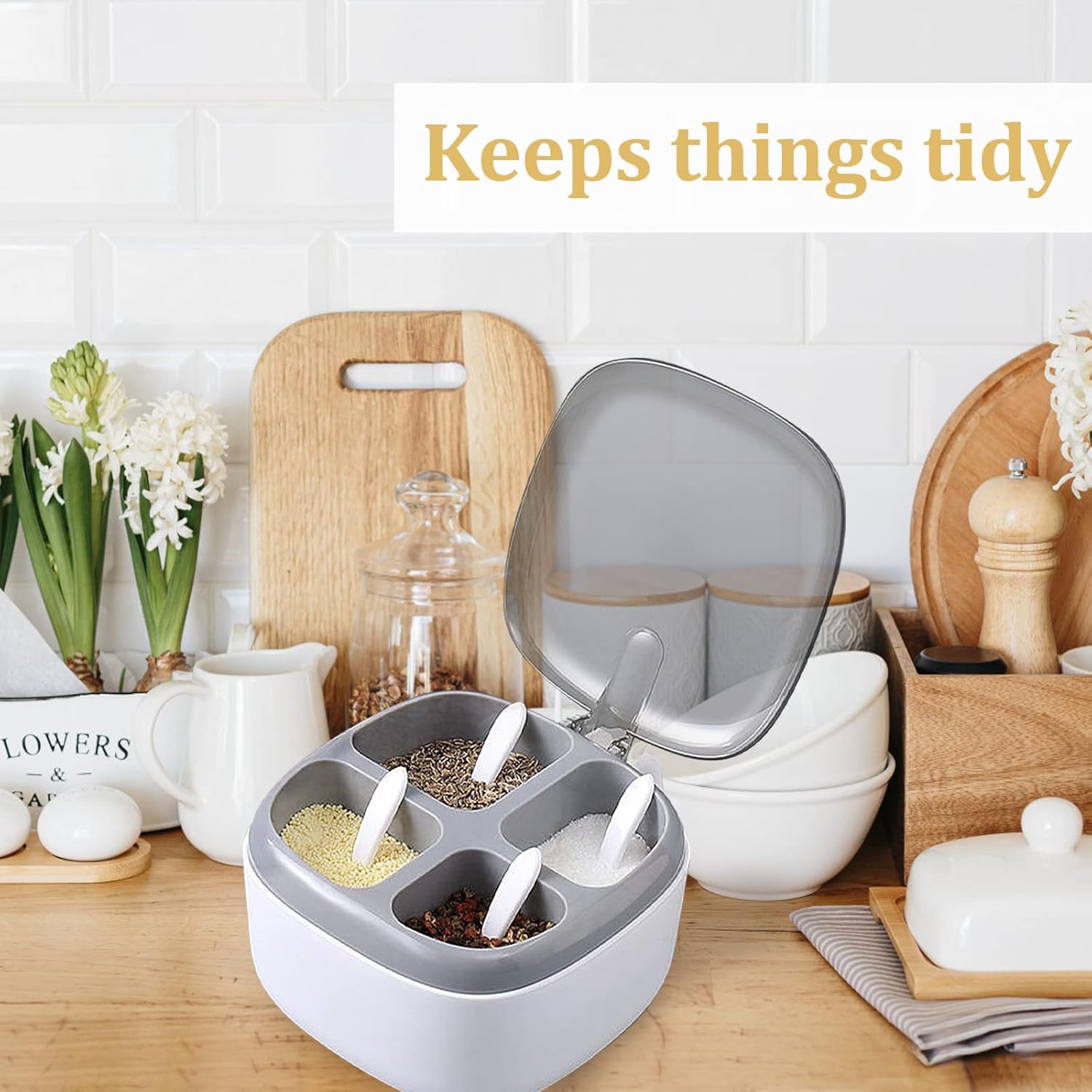 4 in 1 spice storage organizer with lids spoons heavy duty plastic modern kitchen cabinet organizer with ergonomic handle clear lids 4 tier spice rack in   saving square jars for   pepper spices ideal for small kitchens dishwasher safe scratch resistant sleek   design with rounded corners   white spoons for easy dispensing spice containers spice jars and labels english spices organizers and storage square spice jars Product details 4