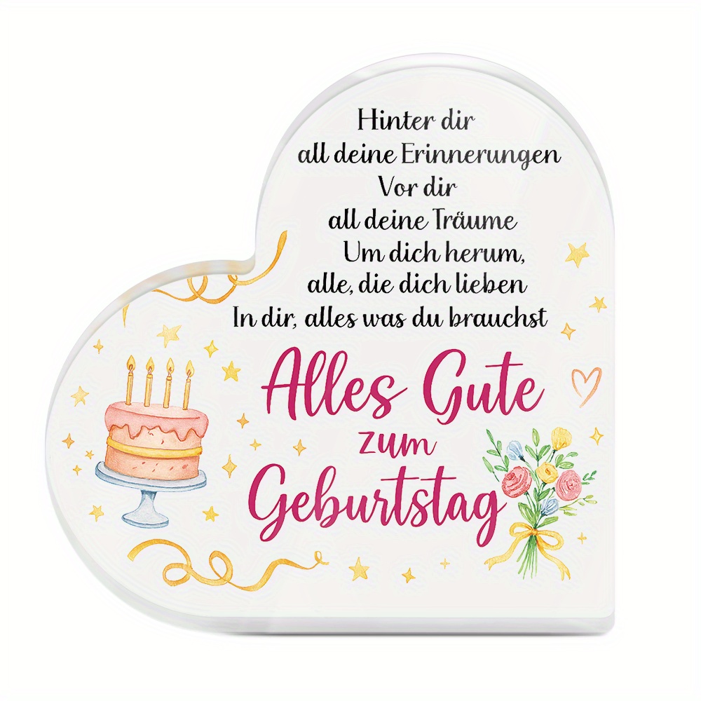 TEMU 2d Flat Putuo Decor 1pc German Heart Shaped Acrylic Sign Table Decor, Alles Gute Zum Geburtstag, Desktop Decoration For Birthday Party, Gift For