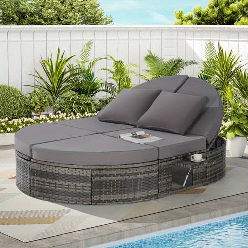 outdoor patio round daybed with adjustable backrests and foldable cup trays reclining outdoor lounger wicker rattan patio daybed with cushions and pillows for backyard poolside