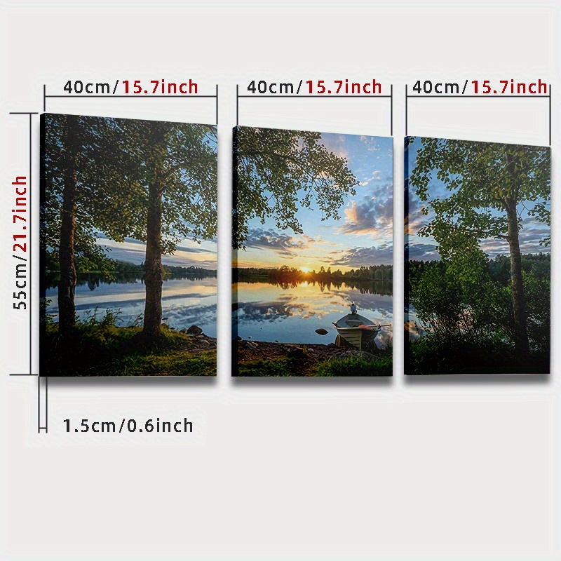 TEMU [lake Scenery, Framed Canvas Paintings] 3pcs Framed Canvas Paintings - Lake Scenery Sunset Forest Wall Art - High Definition Prints, Holiday