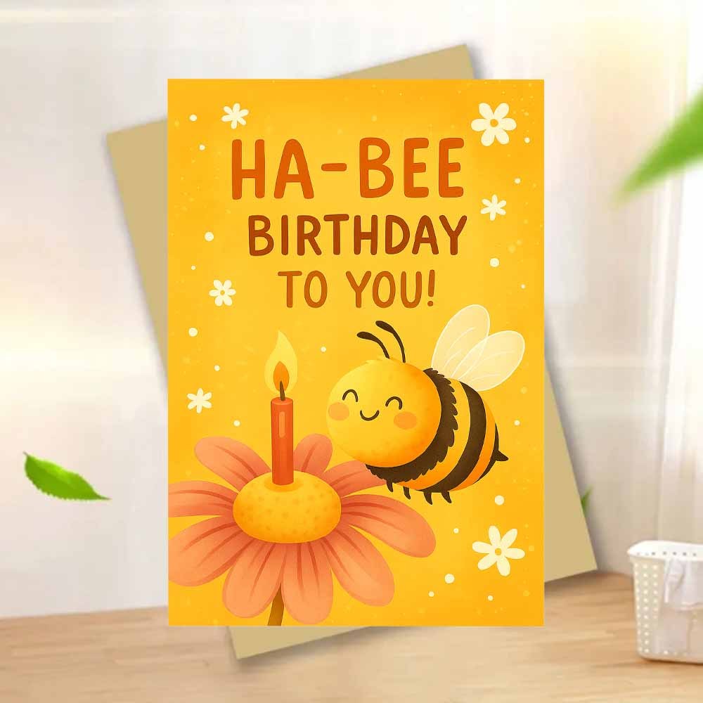 E-shop 1 Stück HaBee Geburtstagskarte "Süße Biene Blume" mit Umschlag – Niedliches gelbes Design mit lächelnder Biene Kerzenblume – für
