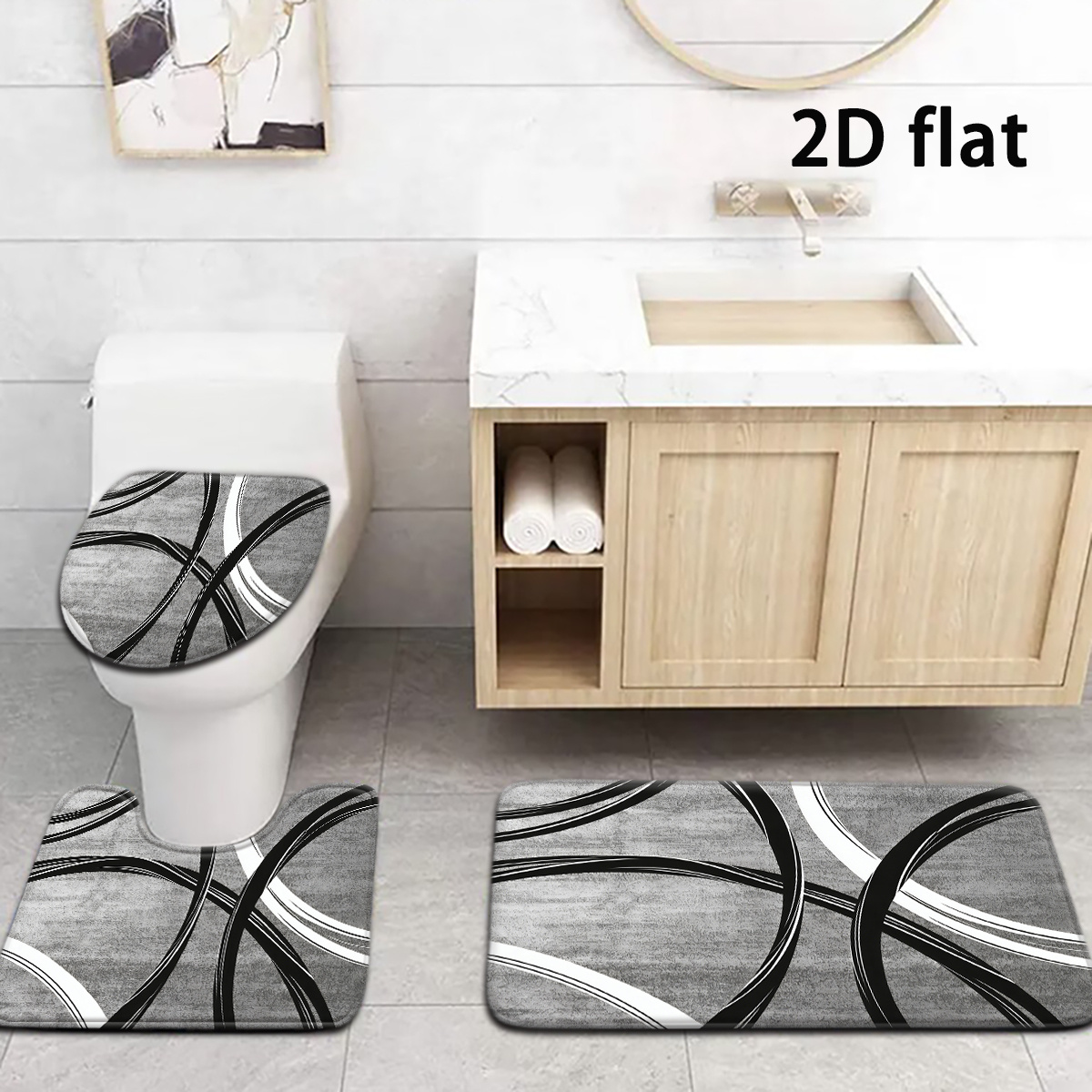 TEMU 2d Flat, 2d Flat, 2d Flat Printing 3pcs/4pcs Black And White Abstract Line Bathroom Mats Minimalist Style Bath Mat Set Toilet Lid Pad And Carpet