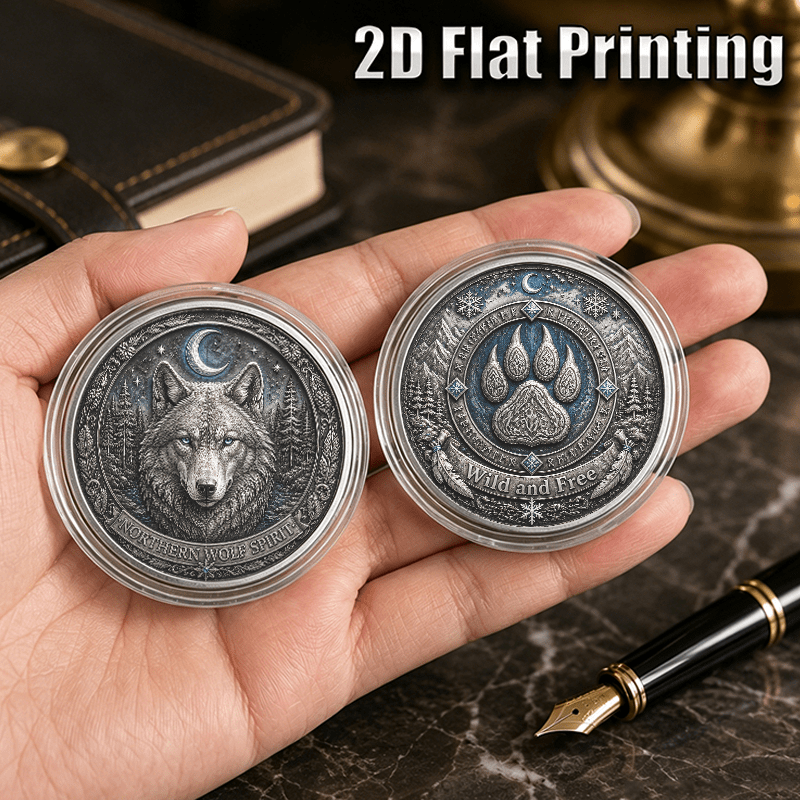 TEMU Replica Coin 1pc, 2d Flat Printing, Double-sided Northern Wolf Spirit Commemorative Coin, Wolf Paw Art Medal, Mountain Moon Wildlife Keepsake,