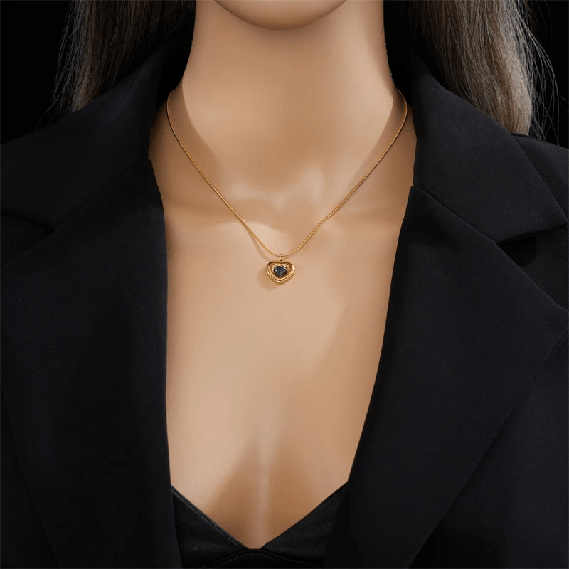 Women's Heart Pendant Necklace, Black Inlaid Heart Snake Chain