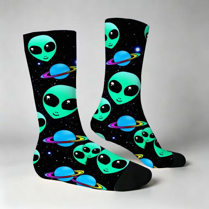 TEMU Whimsical Print, Cute Cartoon Green Aliens And Rings Design, Funny Outer Theme Casual Socks For Men Women, Soft Stretchy Breathable Daily Wear