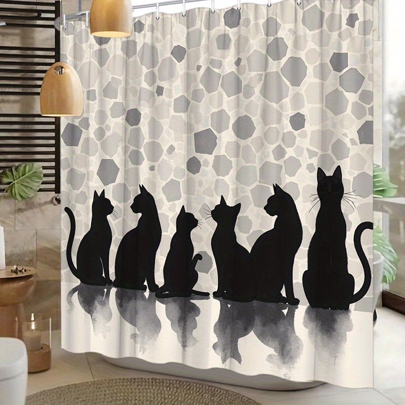TEMU 1 rideau de douche moderne avec silhouette de chat en mosaïque hexagonale et 12 crochets - Design ludique de chats tabby /sautant, décoration en