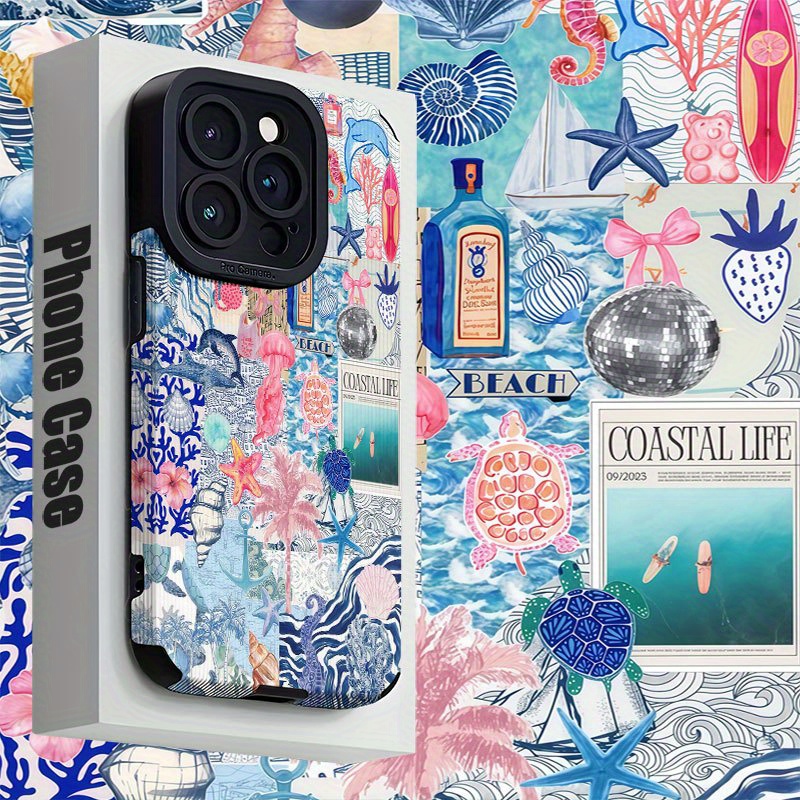 TEMU Phone Case: Seaside Life Colorful Collage Phone Case For Iphone 16/16 Plus/16 Pro/16 Pro Max/iphone Plus/15 Pro/15 Pro Max/iphone 14/14 Plus/14