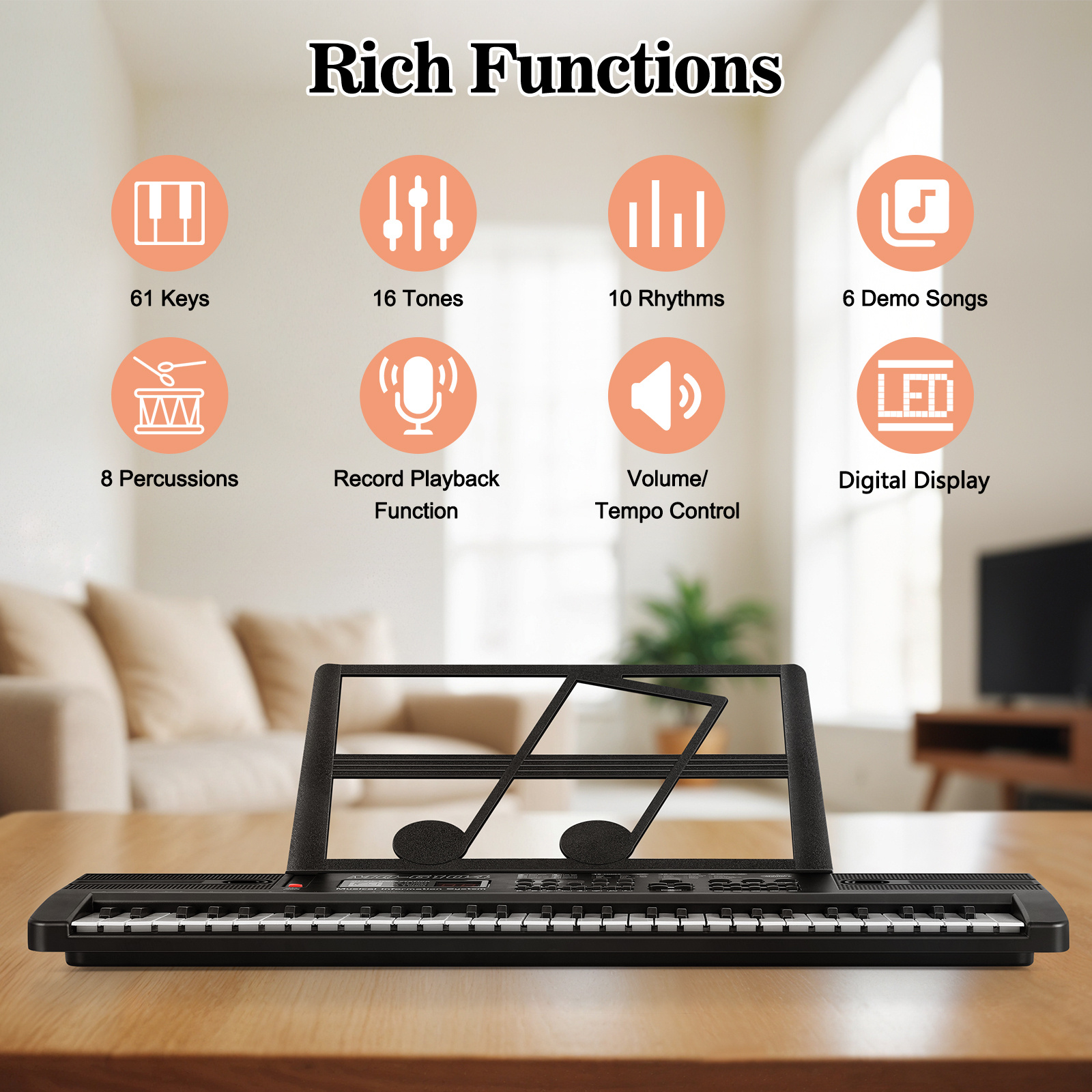 61-Key Portable Keyboard Piano for Beginners with Built-in Speakers, Teaching Mode, Microphone & Music Stand - 25.5-inch Electric Piano Suitable for /s, / - Image 3