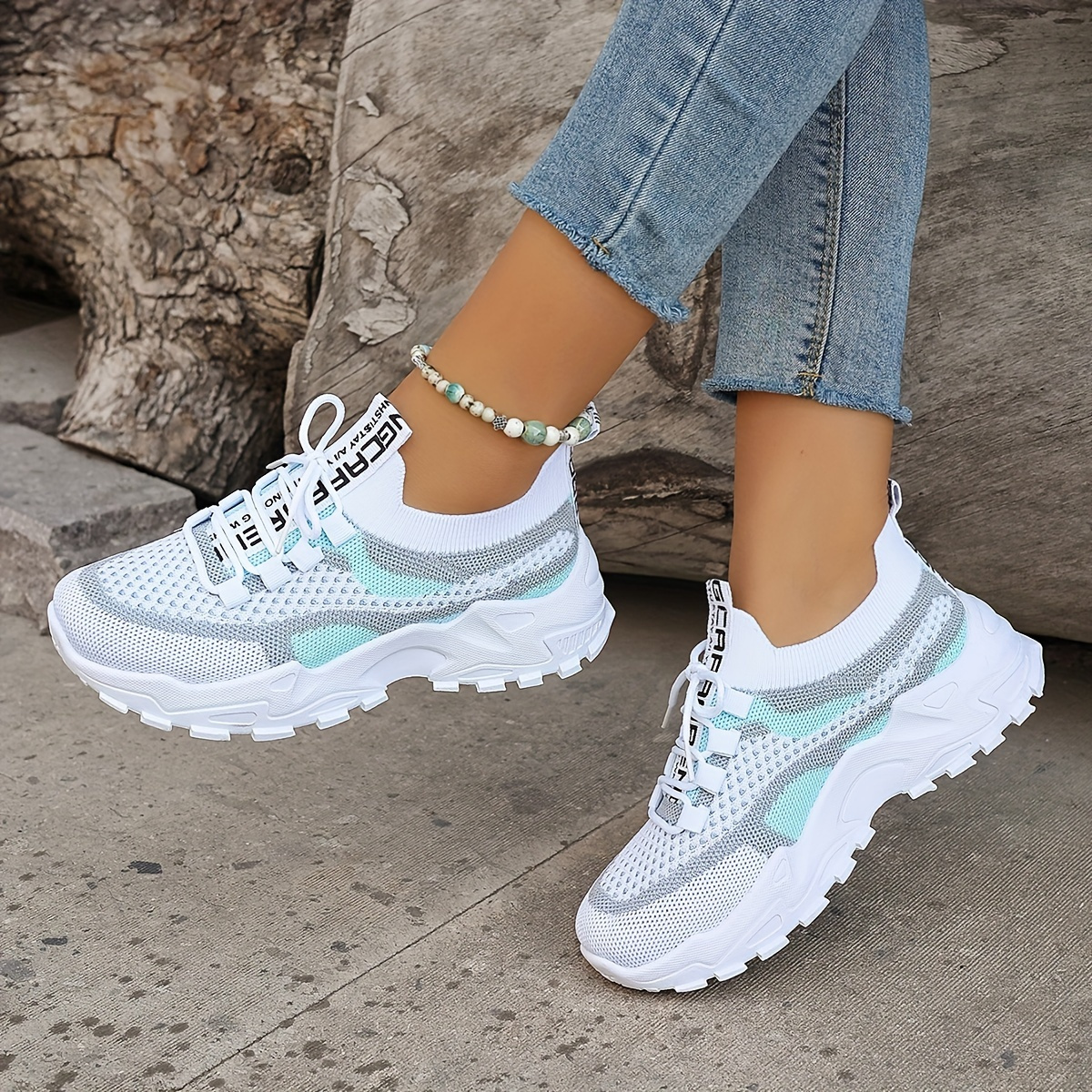 womens plus size colorblock knitted sneakers breathable low   trainers with gradient white to light   durable pvc sole     for outdoor sports casual wear gym shoes microfiber fabric upper Product details 4