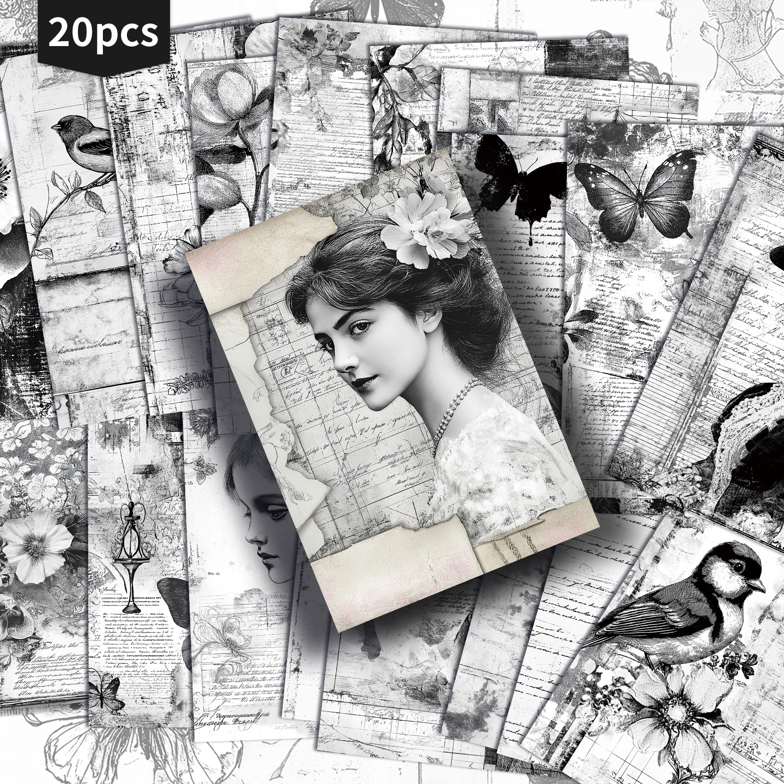 TEMU Set Of 20 Victorian-style Black And White Postcards Measuring 4x6 Inches, Featuring Classic Pinup Art, Scrapbooking And Crafting