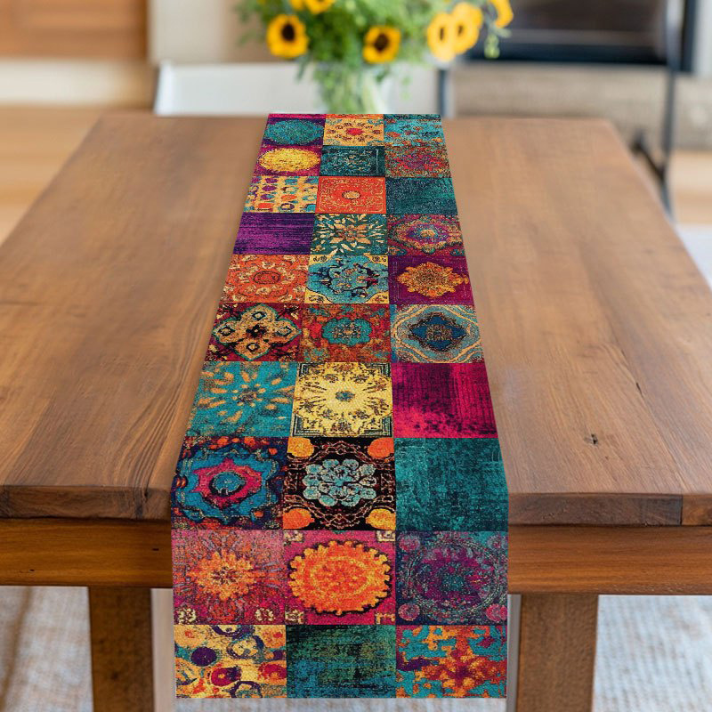 TEMU Bohemian-style Table Runner, Single Piece, Featuring A Vibrant Mix Of Floral And Geometric Patterns With 2d Printing, Ideal For Summer Events,