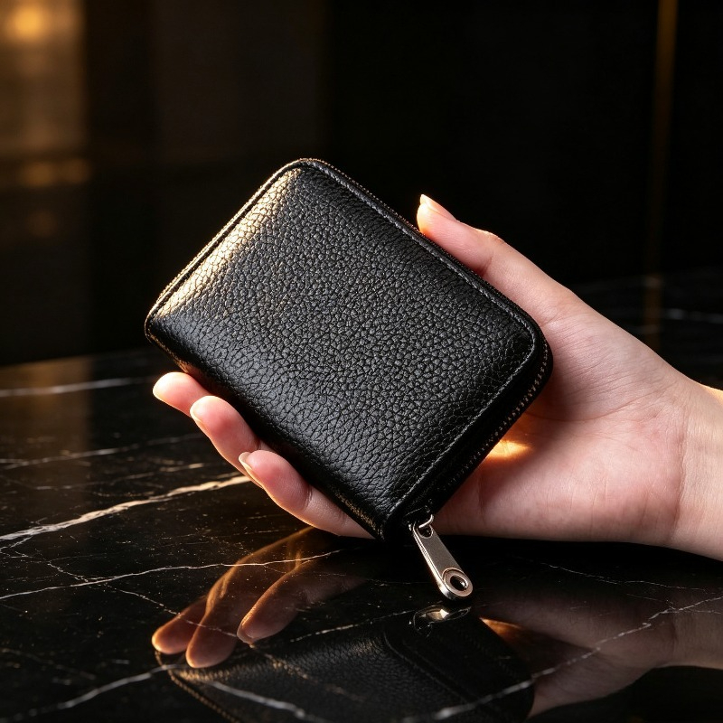 TEMU Men's Ultra-thin Rfid Anti-theft Zipper Wallet - Multifunctional Card Holder, Secure Travel Document Storage, Capacity For 20 Cards And Cash,