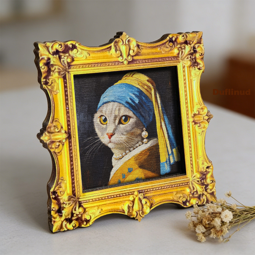 TEMU A Wooden Cat Wearing Pearl Earrings, A Miniature Classical Painting Fridge Magnet, Wooden Fridge Magnet, Decoration, Fun Gift, (back Is Fully