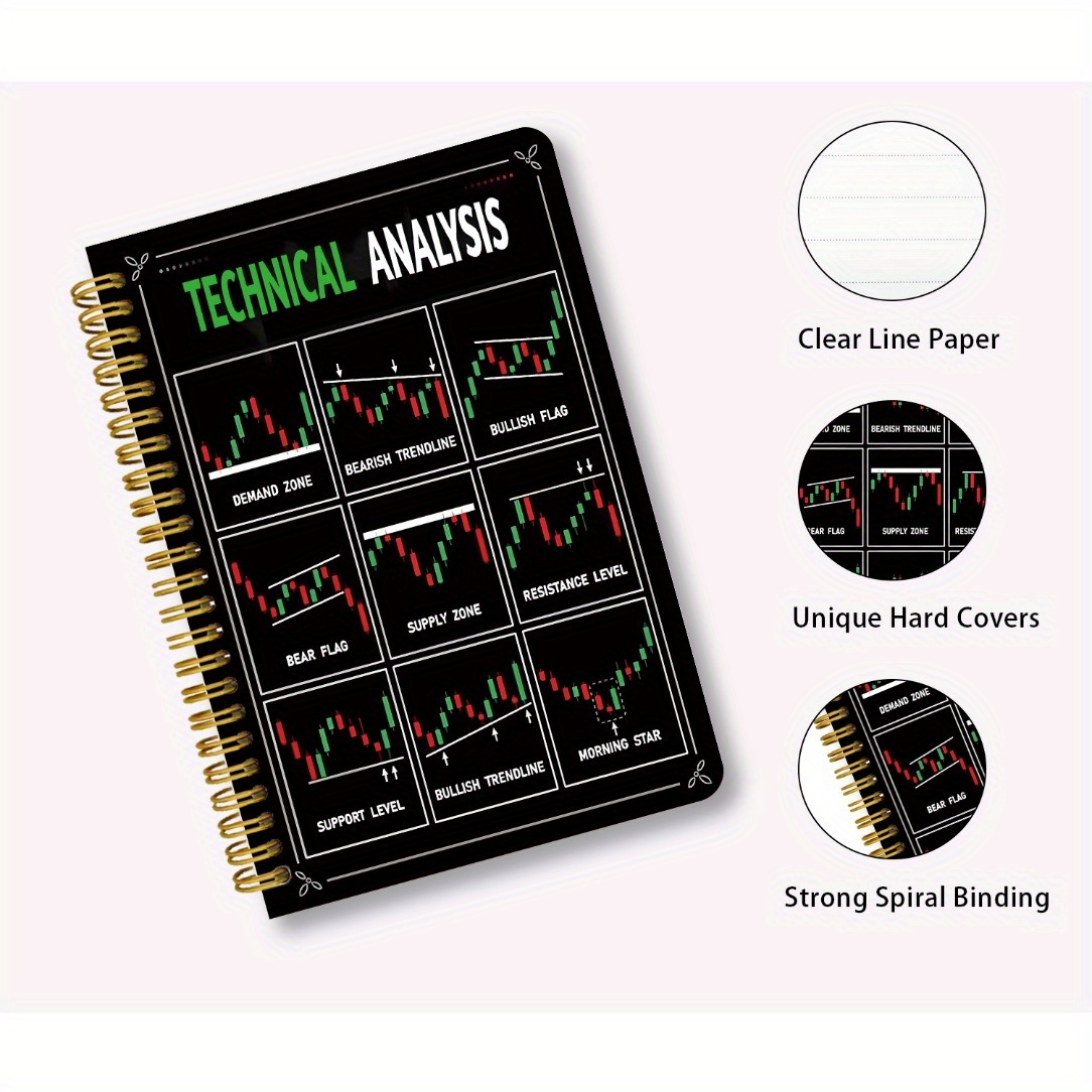 Aktienhandel-Chartanalyse A5 Spiralnotizbuch - Dicke Cover-Design mit technischen Analysevorlagen für Widerstands-/Unterstützungsniveaus, Bull Flag/Bear Trend - 13,97x21,08 cm, ideal für Trader, Investoren & Finanzbegeisterte, Börsenbuch, Trader-Arbeitsbuch, hochwertiges Papier, strukturiertes
