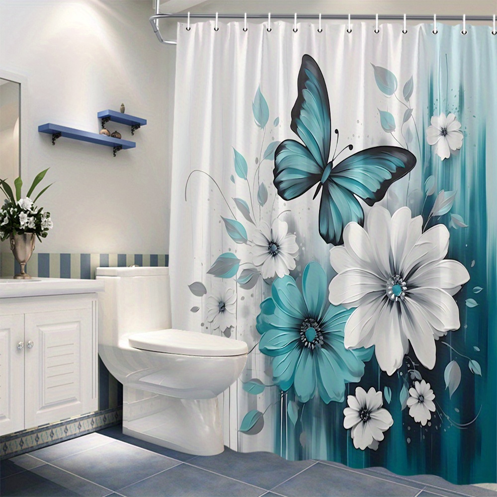 TEMU Rideau de douche 1 pièce plat 2D papillon floral bleu et blanc, 71x71 pouces, rideau de salle de bain dégradé de luxe léger, rideau décoratif de